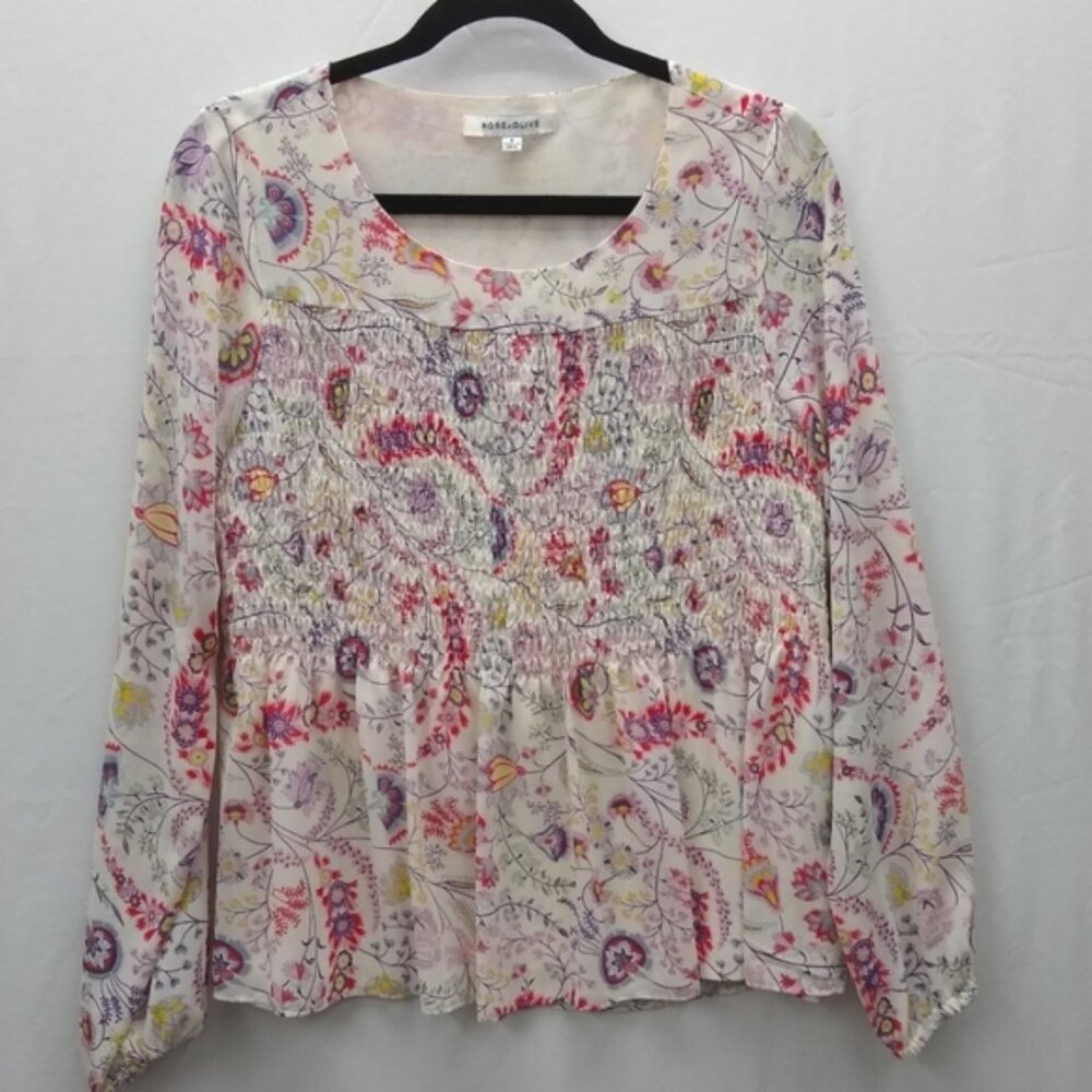Women's Rose & Olive Blouse - Cream w/Pink and Purple Florals Small Long Sleeves